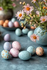 Colorful Easter eggs arranged beside fresh flowers and pastel-colored decorative eggs on a soft blue surface in springtime