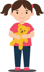 Young girl holding a teddy bear in flat style vector art