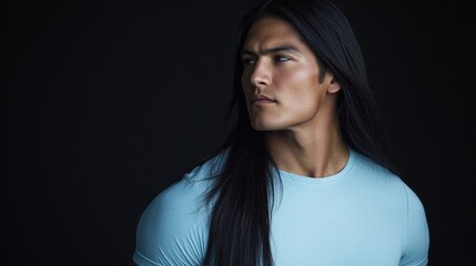 Obraz premium A portrait of a man with long hair, wearing a light blue shirt, gazing confidently to the side against a dark background.