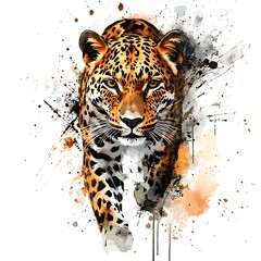 Majestic Leopard Watercolor Painting Wild Cat Portrait, Abstract Splash Design