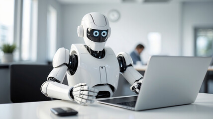 Fototapeta premium A sleek white robot is diligently working on a laptop in a bright modern office setting.