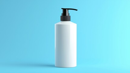 Photo of a white shampoo bottle with a black pump on a blue background