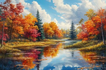 Fototapeta premium A vibrant autumn landscape featuring colorful trees reflecting in a serene river under a blue sky with clouds.