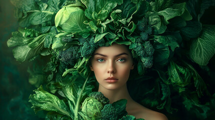 Stunning woman adorned with vibrant green vegetables healthy lifestyle concept food diet dark model