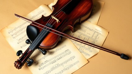 Fototapeta premium Elegant violin resting on sheet music, displaying classical artistry and harmony