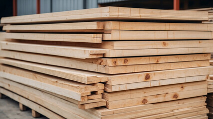 Fototapeta premium A neatly stacked pile of fresh lumber shows the natural wood grain and texture.