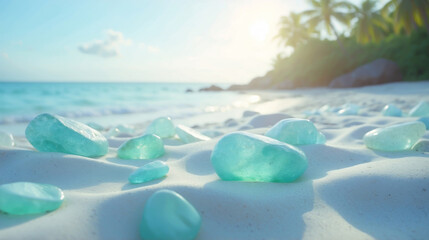 Obraz premium The white sand of a tropical beach is strewn with turquoise stones, with palm trees and the sea visible in the background