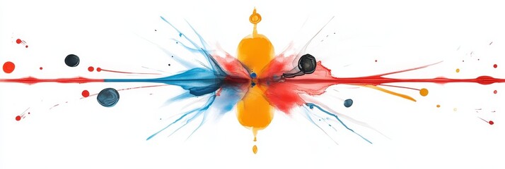 Abstract Colorful Ink Explosion - Vibrant red, blue, and yellow ink bursts outwards creating a dynamic, symmetrical design on a white background