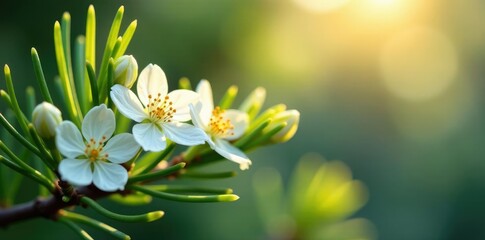 Fototapeta premium Softly glowing white pine flowers in morning light, blossoms, pine blossoms