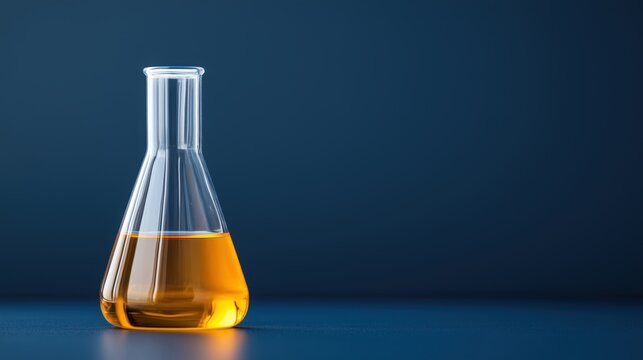 Oil in a beaker on a dark blue science lab background 
