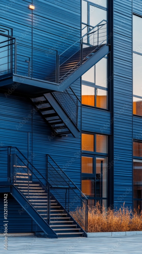 Poster an artistic blend of modern design and utility showcases a blue exterior building adorned with a str