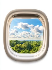 Airplane Window View of Green Forest and Blue Sky - Scenic airplane window view, symbolizing travel, freedom, nature, adventure, and escape. A perfect for travel blogs and tourism