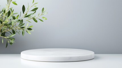 A marble podium with an olive tree and sea view background, suitable for beauty product presentation or advertising
