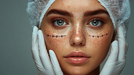 Young woman with cosmetic surgery markings prepares for aesthetic procedure in a clinical setting