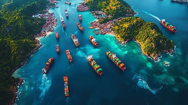 Aerial View of Cargo Ships Navigating a Tropical Channel Global Shipping and Trade