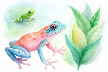 Watercolor green frog on a leaf isolated on white background
