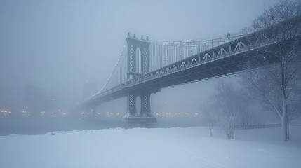 Naklejka premium Manhattan Bridge in Winter Fog New York City Snowy Landscape