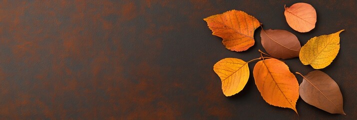 Autumn Leaves on Rustic Brown Background - Fall foliage, autumn colors, nature's beauty, seasonal change, Thanksgiving mood. Symbolizing change, harvest, warmth, beauty, tranquility
