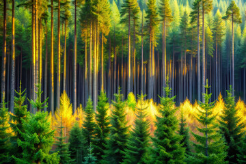 Lush green forest with tall trees and golden light filtering through