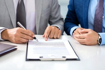 Business contract signing between two professionals in a formal setting, symbolizing agreement, collaboration, and official document approval