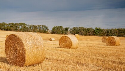 Golden round hay bales drying in the summer sun on a farm field, representing agriculture and farming practices