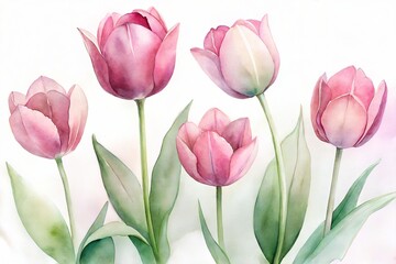 Fototapeta premium Watercolor Tulips flowers illustration on white background