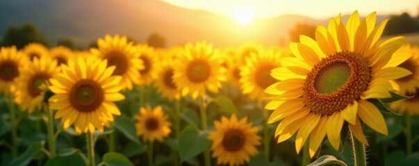 Obraz premium Golden hour sun rays illuminate vibrant sunflowers in a summer field , stem, background