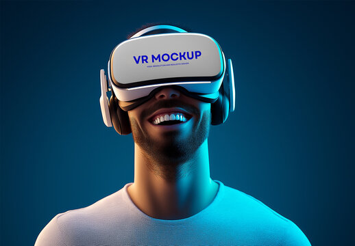 VR Headset Mockup on Smiling Man &ndash; Realistic Virtual Reality Device Presentation for Gaming, Metaverse Branding, or Tech Product Advertising on Dark Background