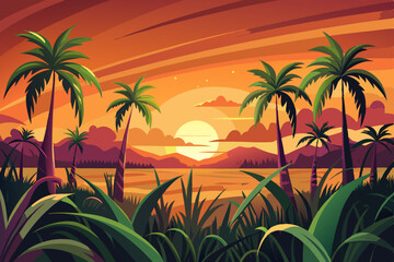 sugarcane field under a tropical sunset, with palm trees swaying in the breeze.