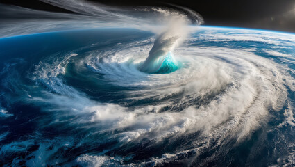 Aerial view of a large hurricane churning over the ocean, a powerful display of nature's force.
