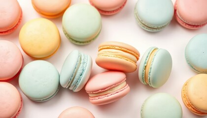 Obraz premium Pastel macarons arranged on a white background for a promotional image, macaron, food photography
