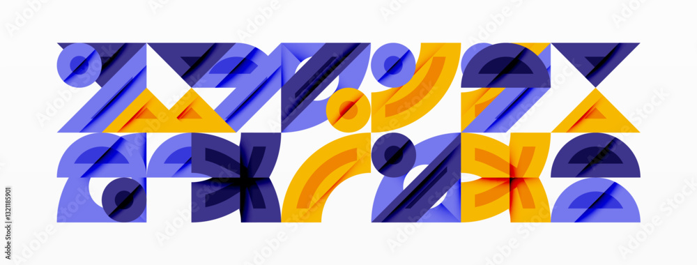 Poster Abstract geometric background with shapes, featuring circular and rounded elements. Bold contrast, smooth gradients, dynamic composition, futuristic style