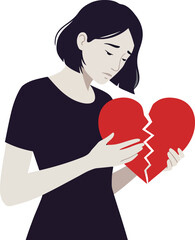 Woman holding broken heart in emotional scene with flat design vector art