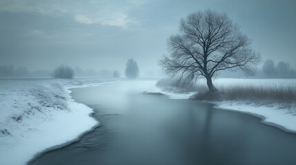 Misty winter river landscape, tranquil scene, serene nature