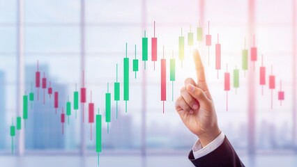 Investment business diversification concept. A hand points at a rising financial chart with green and red candlesticks in a modern office setting.