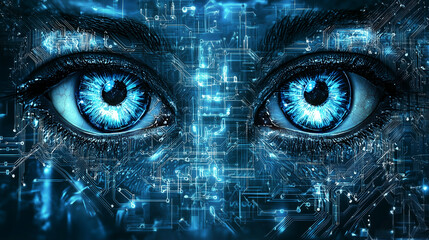 Futuristic cybernetic human eyes with glowing blue irises, overlaid with digital circuit patterns, symbolizing artificial intelligence