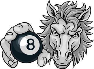 Horse mustang bronco stallion angry pool billiards sports team mascot holding a ball.