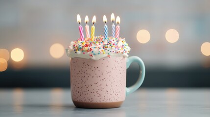 Festive Birthday Mug Filled with Hot Chocolate and Topped with Sprinkles and Candles