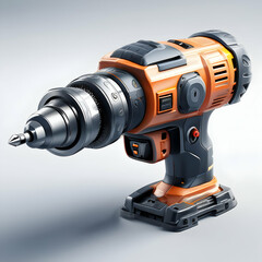 A Futuristic Orange And Black Power Drill, A Symbol Of Modern Construction And Technological Advancement, Showcasing Sleek Design And Robust Build Quality With A Metallic Drill Bit And Subtle Lighting
