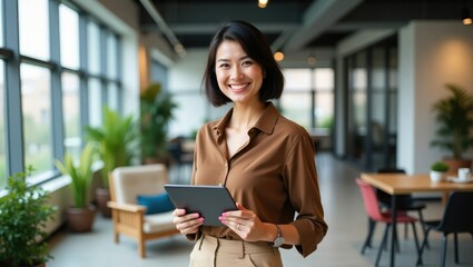 Portrait of young Hispanic professional business woman standing in office. Happy female company executive, smiling businesswoman entrepreneur corporate leader manager looking at camera using tablet.