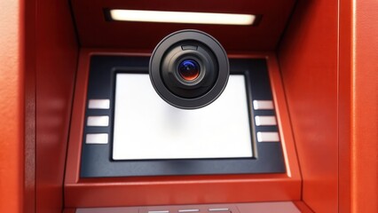 Security camera surveillance hidden concept. Close-up of an ATM camera lens in a vibrant red casing, focusing on the screen area.