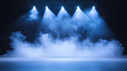 A dramatic stage scene featuring blue lights and fog, creating an atmospheric and theatrical ambiance.