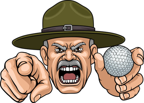 An angry drill instructor or sergeant bootcamp army soldier cartoon character holding golf ball and pointing sports team mascot illustration.