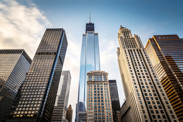 Fototapeta premium Modern skyscrapers and high-rise buildings, urban cityscape, downtown skyline, financial district, corporate business architecture