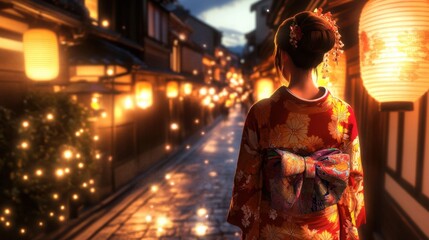 Obraz premium Enchanting Evening Stroll in Historic Lantern-Lit Japanese District