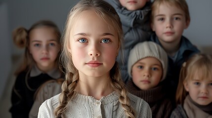 Obraz premium Group of Young Children with Different Expressions and Styles in Soft Lighting Against a Neutral Background