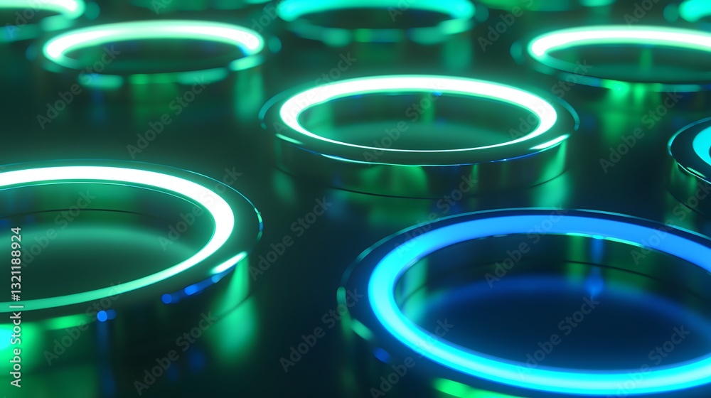 Wall mural futuristic glowing circular lights in various shades of blue and green creating mesmerizing patterns