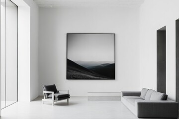 Modern living room, framed landscape art, minimalist design