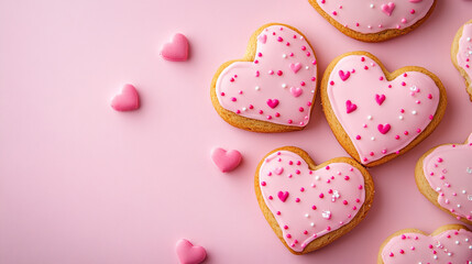 Obraz premium Delicious pink heart shaped cookies with sprinkles sweet valentine treat love food cute baked sugar