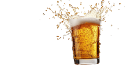 A glass of beer splashing with dramatic motion, droplets flying outward, isolated on a transparent background, adding excitement and freshness.